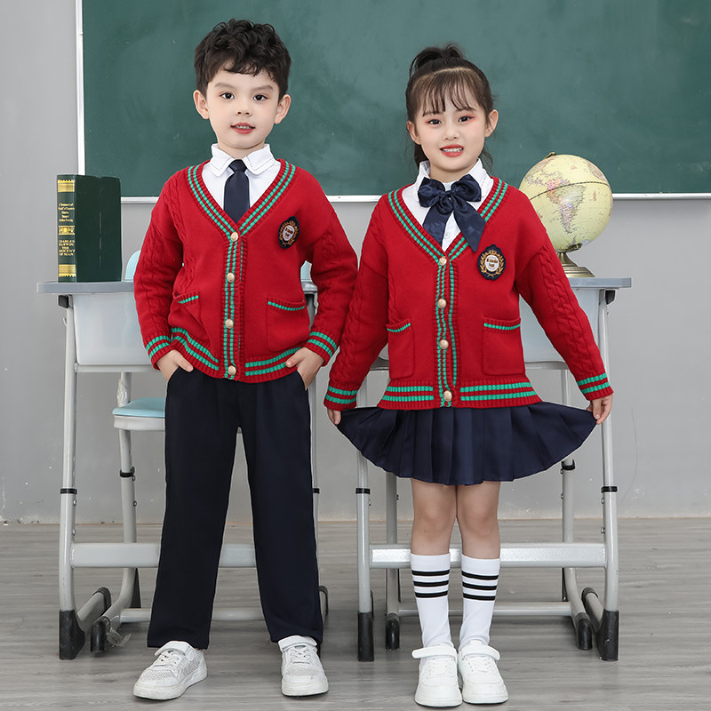 幼儿园园服春秋新款小学生班服针织毛衣套装英伦风校服儿童演出服