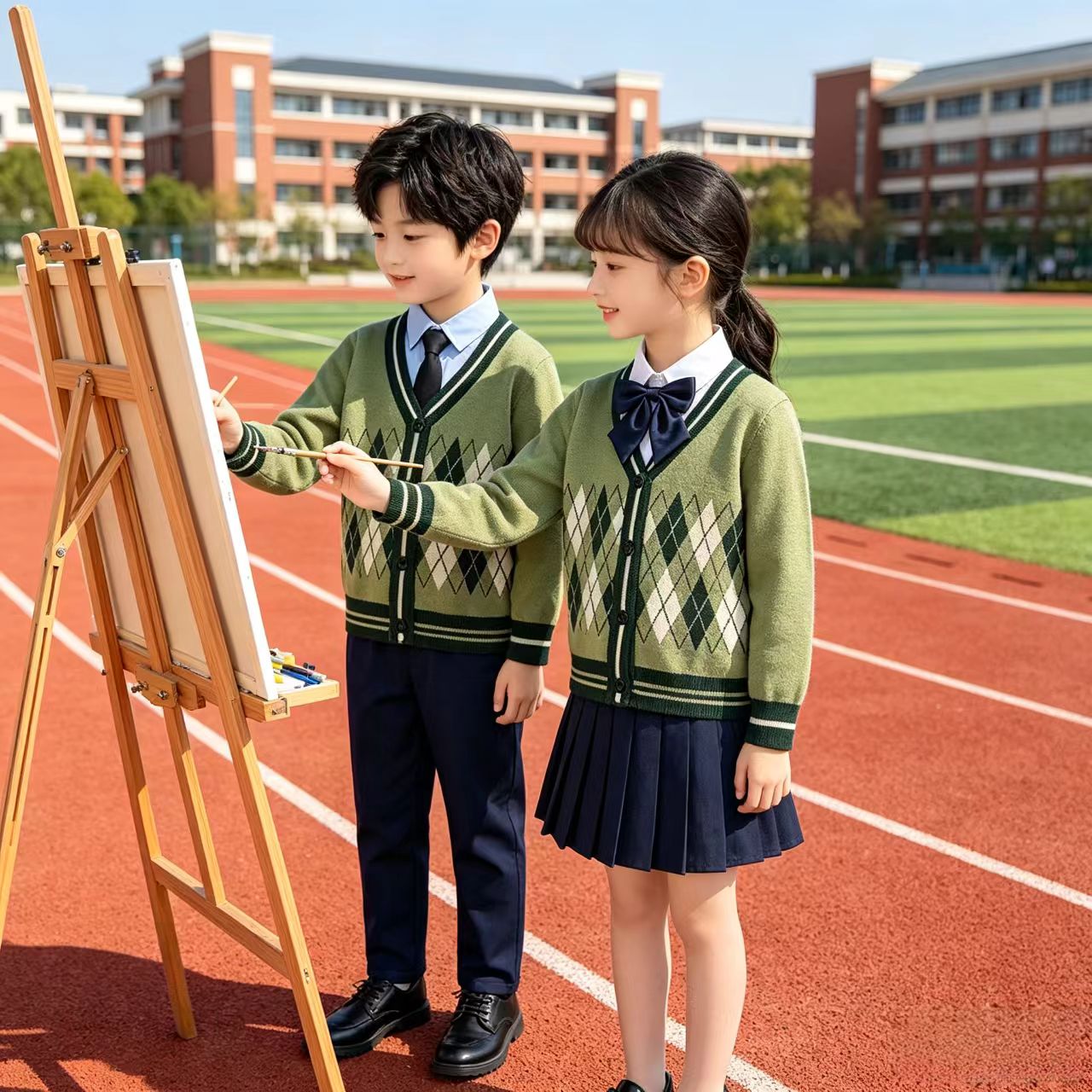 学院风校服三件套儿童针织开衫毛衣百褶裙套装小学生班服幼儿园服