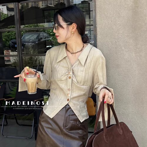 后绑带设计感衬衫女褶皱衬衣