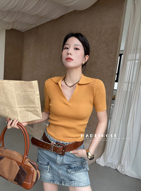 MADEINOST简约百搭冰丝针织短袖T恤女2025夏季翻领修身上衣巨好搭