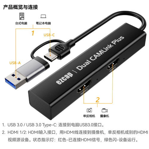 ezcap316双路采集卡YUY2 1080P高清视频采集直播两路HDMI 摄像机