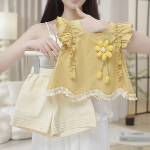 女童新款2025夏季女宝黄色立体太阳花无袖洋气短裙短裤套装两件套