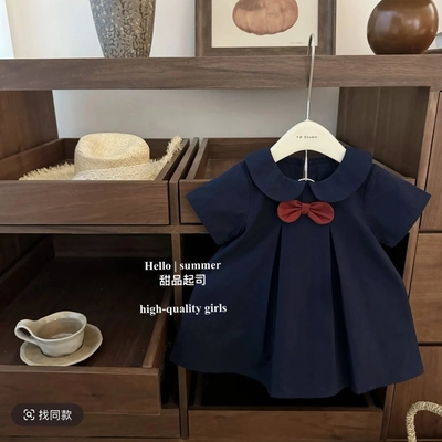 纯棉女童新款连衣裙日系学院风女宝宝jk领结可爱制服短袖公主裙潮