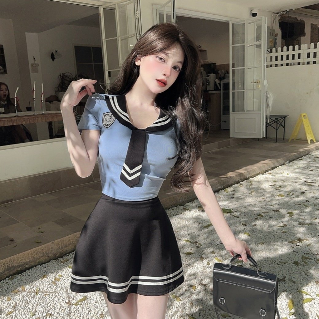 学院风海军领短袖上衣套装女JK制服a字裙辣妹收腰显瘦两件套短裙