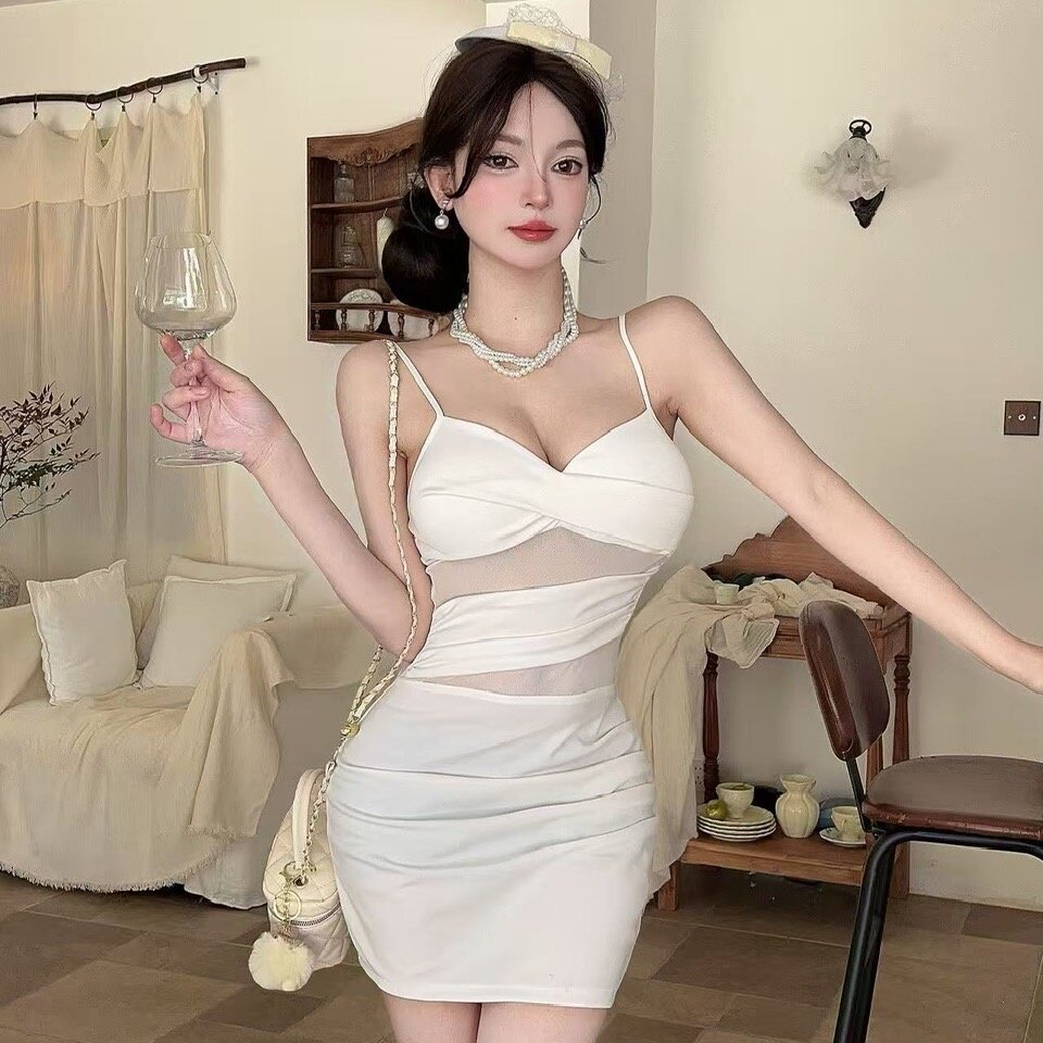 半透视镂空露腰性感吊带连衣裙女
