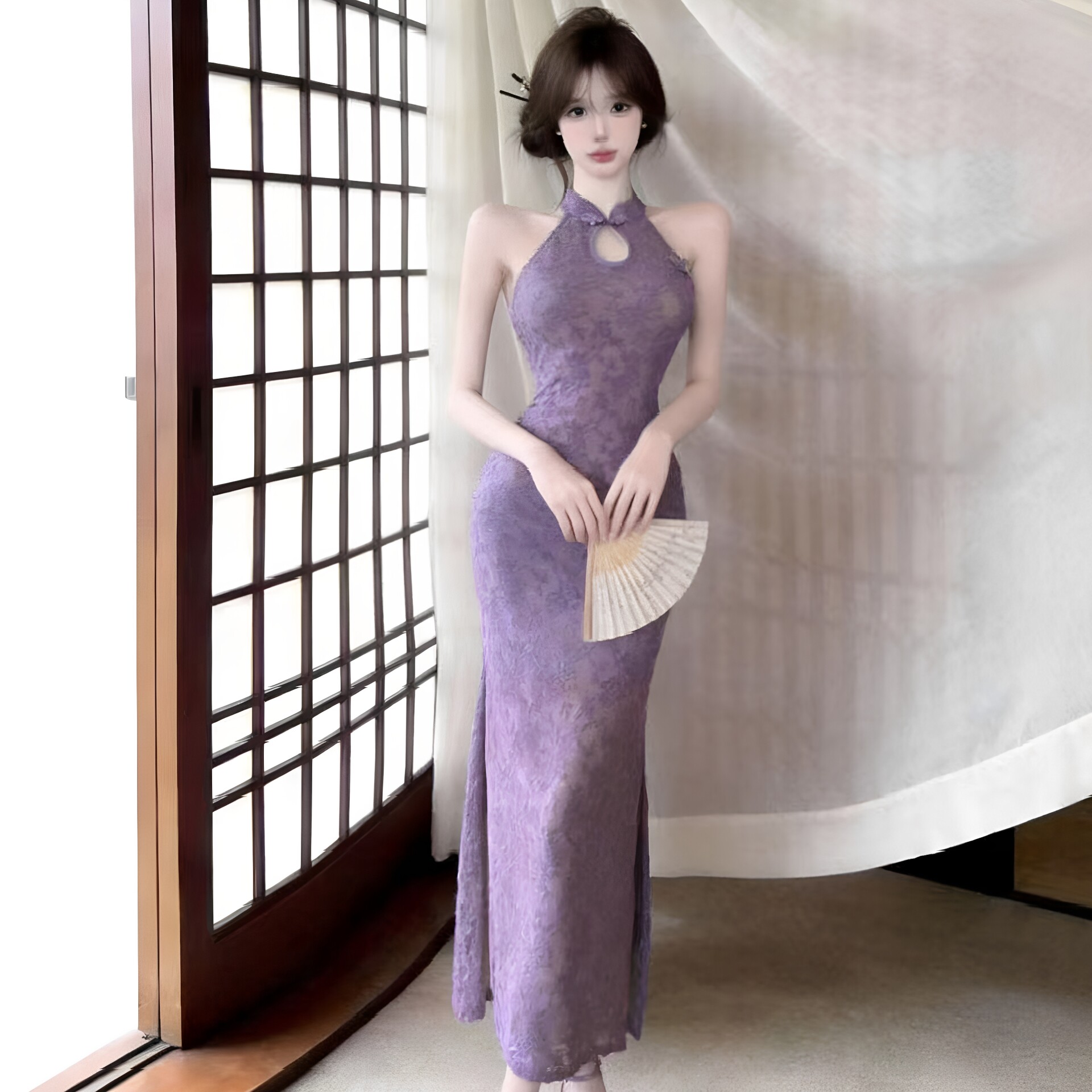 性感露肩连衣裙蕾丝高开叉晚礼服