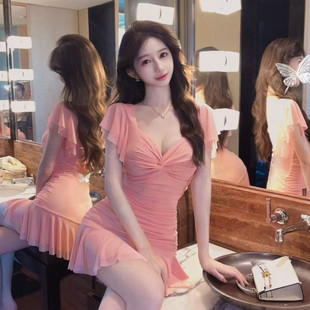 夜场上班工作服性感V领修身包臀连衣裙女新款网纱荷叶边气质短裙