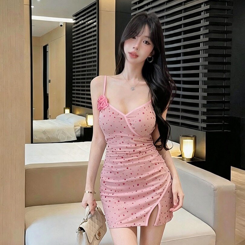 性感包臀连衣裙波点印花开叉短裙