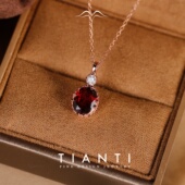 天然鸽血红石榴石宝石吊坠S925纯银镀18K金锁骨项链复古高级感女