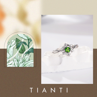 天然铬透辉石翠绿色宝石戒指星莲S925纯银镶钻复古扭臂花戒活口女