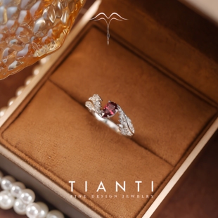 天然镁铝玫红色石榴石宝石戒指莲翼S925纯银翅膀高级设计感活口女