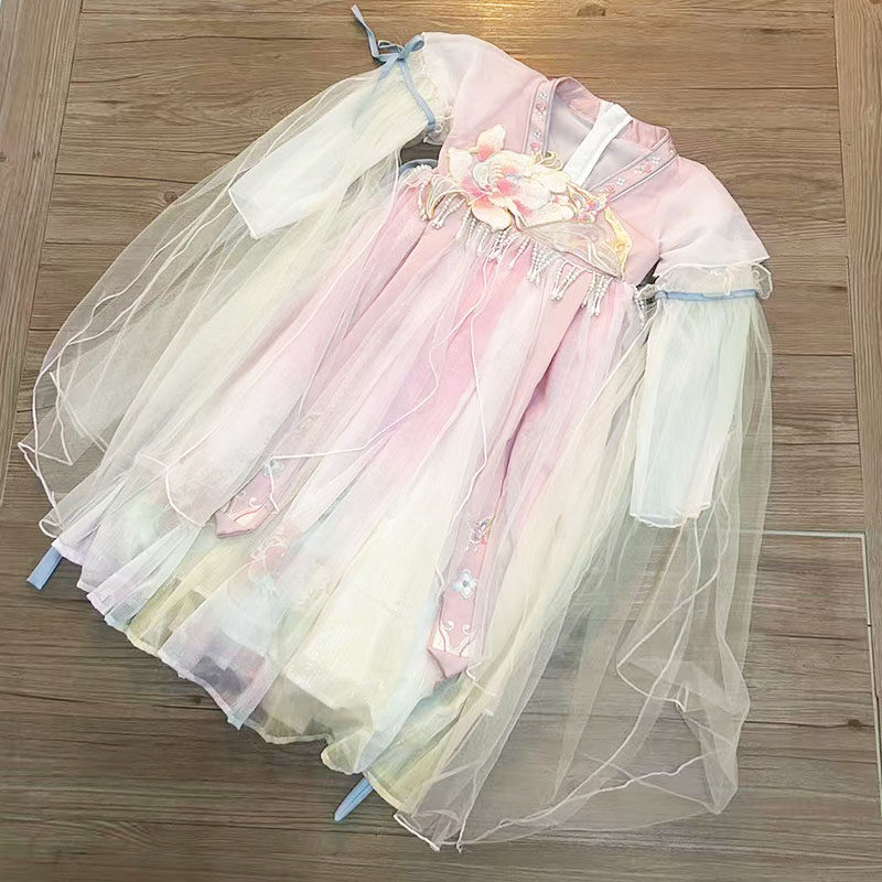 女童连衣裙春夏装新款中大童汉服儿童襦裙多层刺绣古装民族风裙子