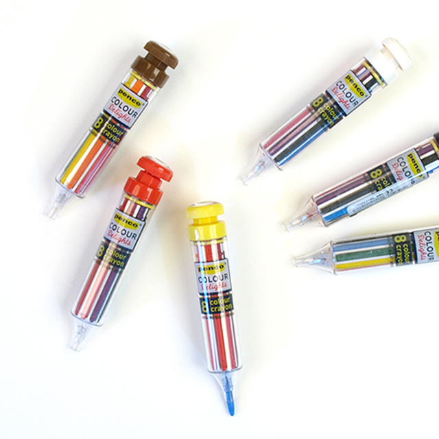 现货日本进口HIGHTIDE便携按动式8色蜡笔Penco美术绘画涂鸦笔