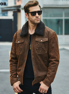 秋冬新款海宁真皮皮衣男士复古短款加棉皮衣真皮机车夹克男外套