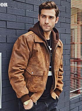 秋冬新款真皮皮衣男美式休闲复古猪皮皮夹克加棉连帽男士外套