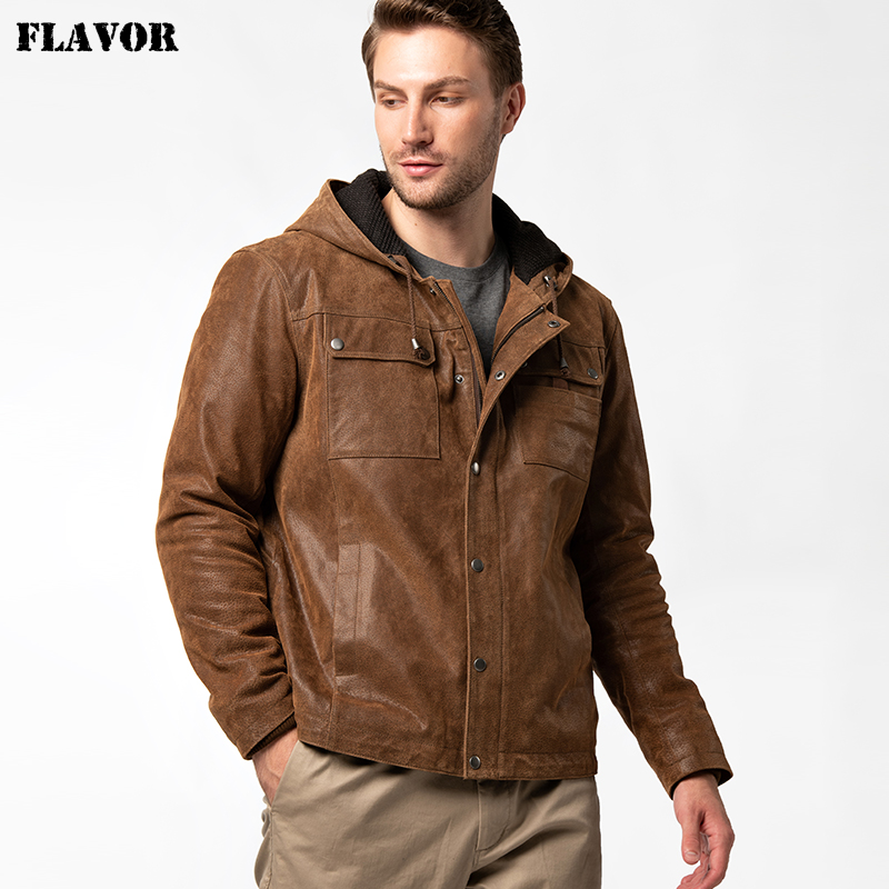 美式复古休闲连帽棉外套真皮皮衣