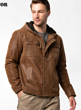 海宁秋冬新款真皮皮衣男 欧美真皮夹克美式复古休闲连帽加棉外套