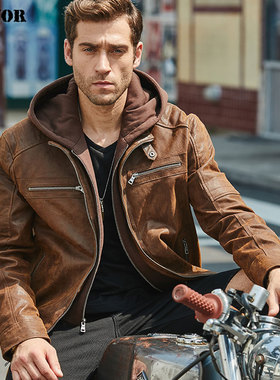 秋冬新款真皮皮夹克男美式潮流多拉链机车服加棉男士猪皮真皮皮衣