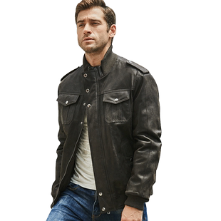 秋冬新款真皮皮衣男美式机车皮夹克猪皮加棉立领多口袋加棉外套