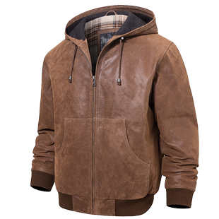 海宁秋冬新款真皮皮衣男 美式休闲复古真皮夹克连帽加棉男士外套