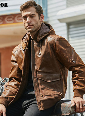 秋冬新款真皮皮衣男美式休闲猪皮真皮夹克大码加棉连帽外套男