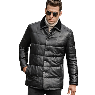 秋冬新款真皮羽绒服男翻领修身海宁皮衣绵羊皮羊羔毛领皮夹克