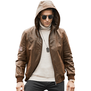 新款真皮皮衣男美式大码猪皮皮衣连帽短款粗犷男真皮机车夹克
