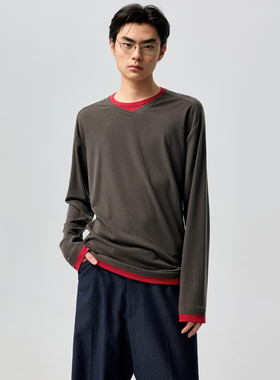 Simple Project*Paneled Crew T-shirt美利奴羊毛假两件T恤