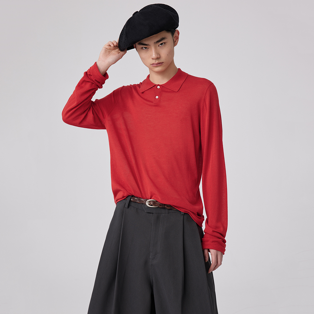 微透亚麻长袖针织POLO衫
