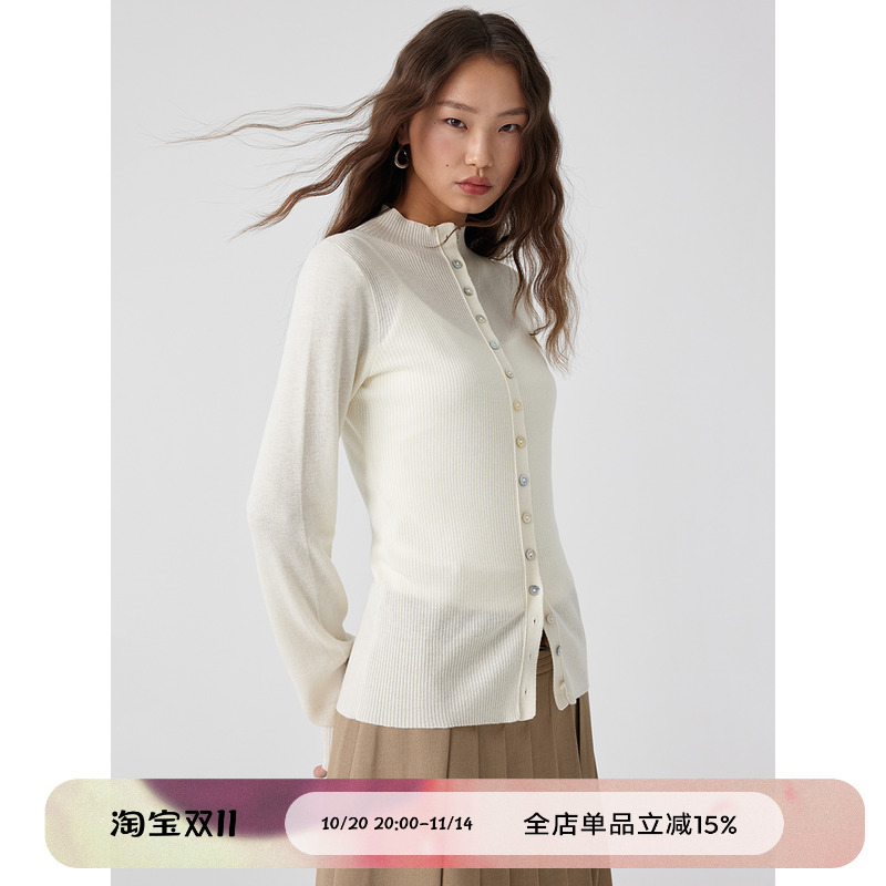 高领纽扣羊毛针织衫女