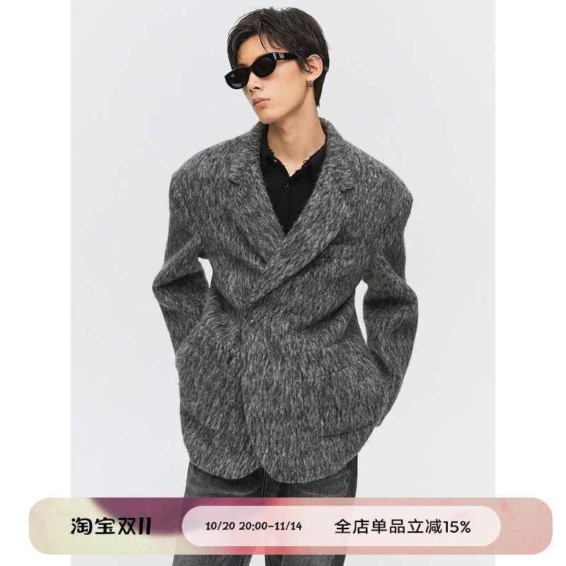羊毛混纺毛感钩扣廓形西装夹克
