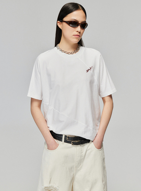 Simple Project 纯棉两片式螺旋裁剪错位LOGO印花圆领短袖T恤内搭