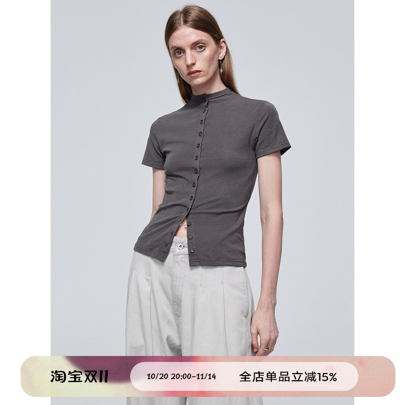 T-shirt天丝混纺开襟纽扣T恤