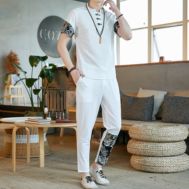 Summer Chinese Style Men's cotton linen short sleeve T-shirt suit trousers two piece suit men's top