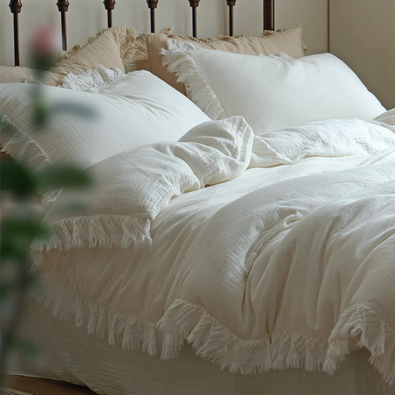 A类松软安稳睡眠～ins温柔加厚纯棉双层纱四件套全棉亲肤裸睡流苏