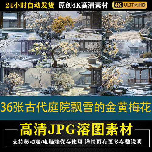 295.36张古代庭院飘雪的金黄梅花合成影楼后期修图背景素材PS底图