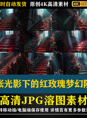 41张光影下的红玫瑰梦幻阶梯合成影楼后期修图背景素材PS电商底图