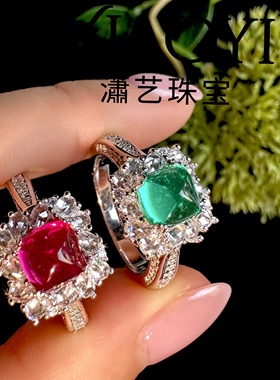 果漾糖塔1.5ct培育红宝/祖母绿 糖塔戒指 6.5mm百搭925银镀金