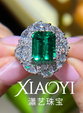 培育祖母绿8*10大气男女同款4ct戒指artdeco风重工豪镶925银镀金