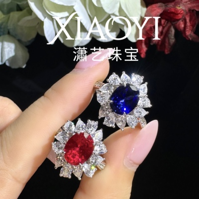 邂逅实验室培育2.8ct红宝蓝宝石戒指项链经典大方925银镀金