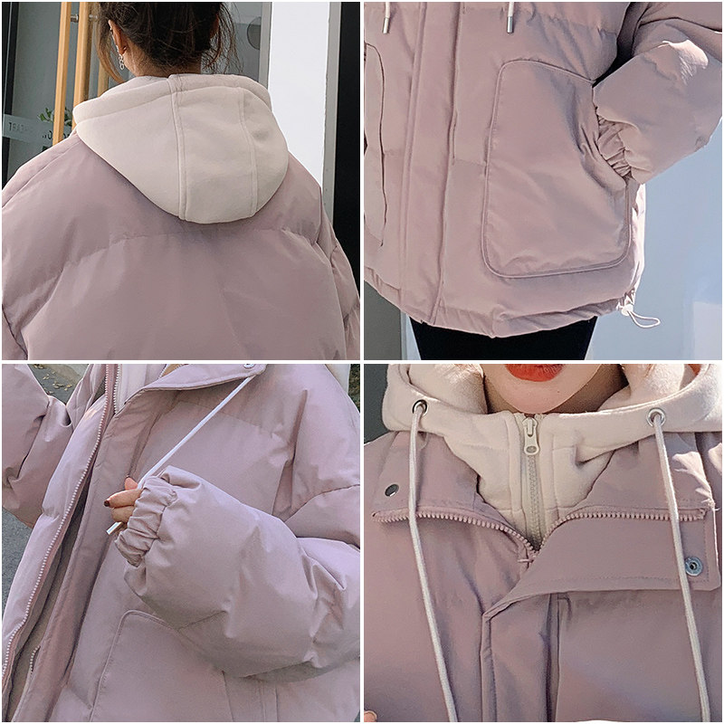 秋冬新款连帽羽绒棉服防寒棉衣时尚拼接女装宽松通勤显瘦外套黑色