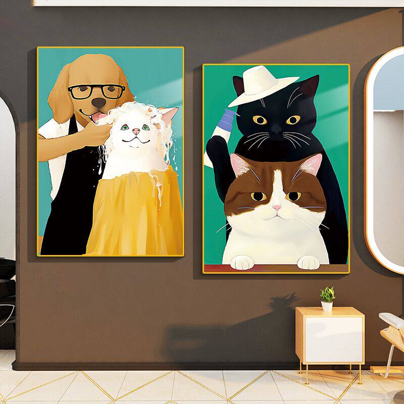 理发店墙面装饰挂画宠物猫咪搞笑现代装饰画