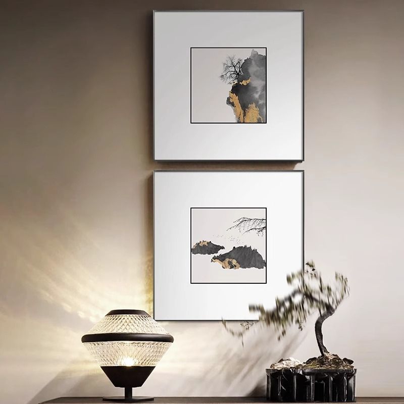新中式装饰画方形水墨金箔画山水画简约别墅酒店软装四联组合挂画图片