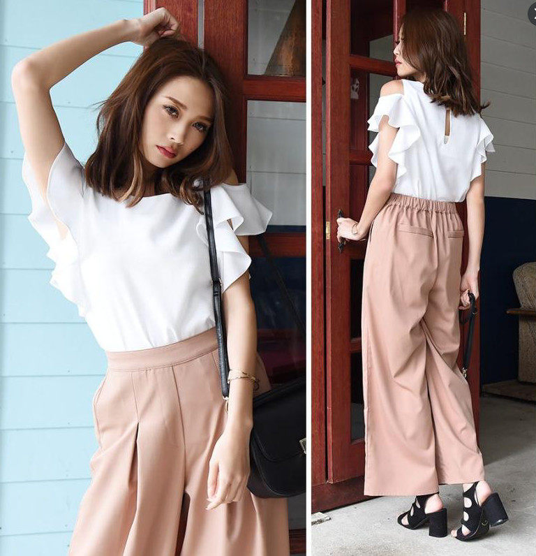 日韩荷叶袖圆领性感露肩纯色雪纺衫淑女气质百搭小上衣打底女