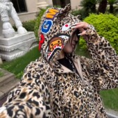 宽松显瘦百搭外套潮 女秋冬新款 美式 辣妹复古贴布刺绣豹纹连帽开衫