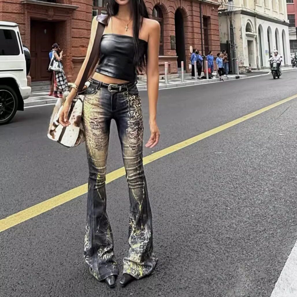 美式千禧辣妹重工烫金豹纹微喇牛仔裤女2025新款修身显瘦包臀长裤