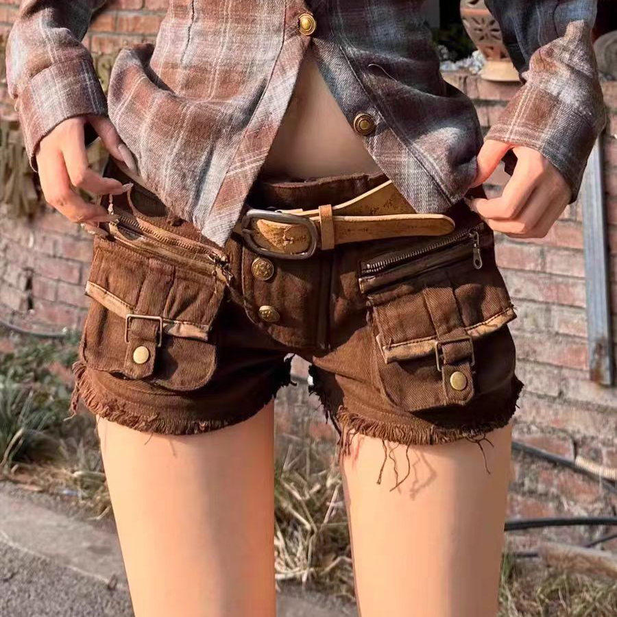 y2k千禧辣妹复古工装口袋牛仔短裤女2025夏季ins修身显瘦包臀热裤