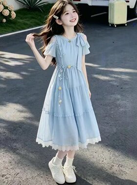 森系甜美学院风连衣裙初高中学生少女2026夏装新款蝴蝶结收腰长裙