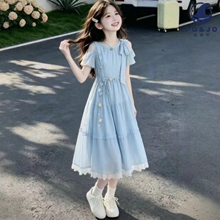 森系甜美学院风连衣裙初高中学生少女2026夏装新款蝴蝶结收腰长裙