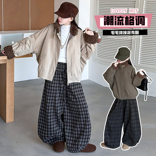 女大童两件套加绒格子裤加厚棉服外套超好看深冬套装一套新年衣服